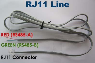 CONNECTION AND SETUP RJ11 cable RS485-A: Red wire RS485-B: Green wire The RJ11 cable is not supplied in the sales package. STEP 1: Get a RJ11 cable with the proper length to your connection.