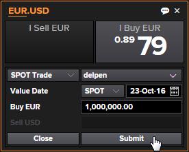 Chapter 4 Trading FX Example trades SPOT (example shown with I Buy action) Click the I Buy button to trade Edit the details (if required) Click Submit 1 2 Click View to open KID.