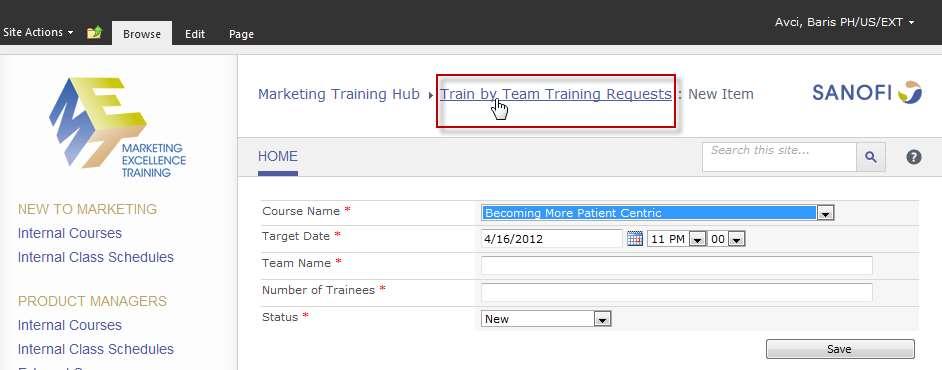 Navigate to the Request Team Training list by selecting the Request Team Training link from the left navigation area.