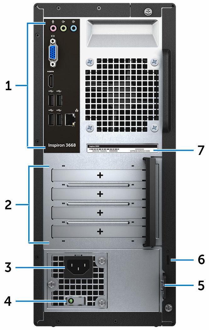 Back 1 Back panel Connect USB, audio, video, and other devices. 2 Expansion-card slots Provide access to ports on any installed PCI Express cards.