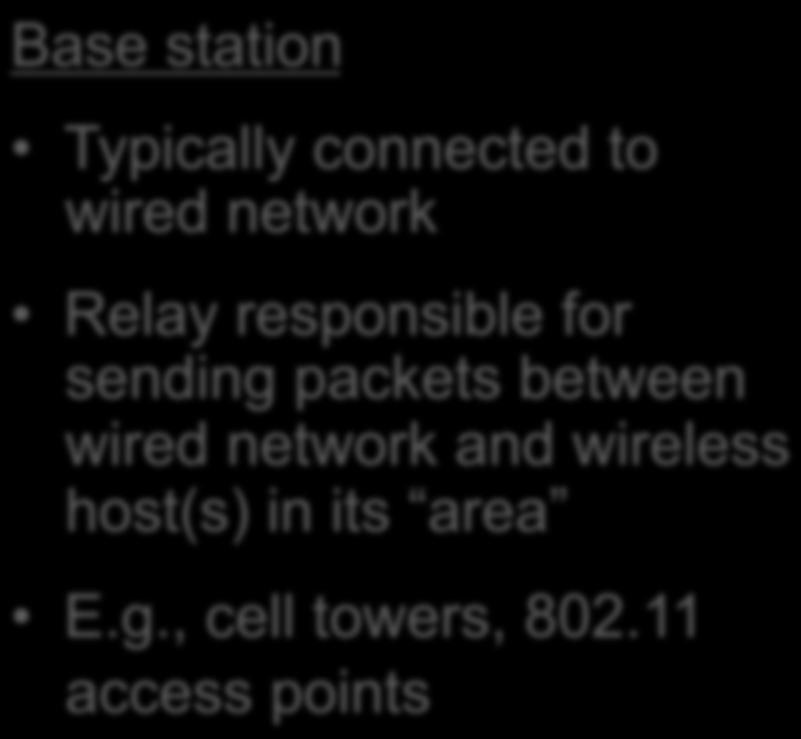 Wireless Network: Base Sta7on network infrastructure Base station Typically connected to wired network Relay