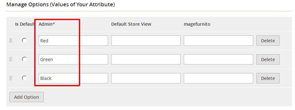 Here Set store_label For Examlpe - 1:Test1 4:Test2 attribute_options - set the attribute option for Admin Store.