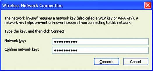 4. If your network uses wireless security WEP, enter the WEP Key used into the Network Key and Confirm network key fields.