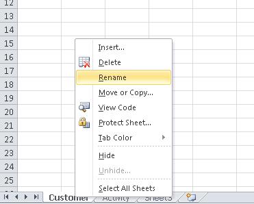 Right click on a worksheet tab to access the following menu: To rename a worksheet, select Rename from the menu.