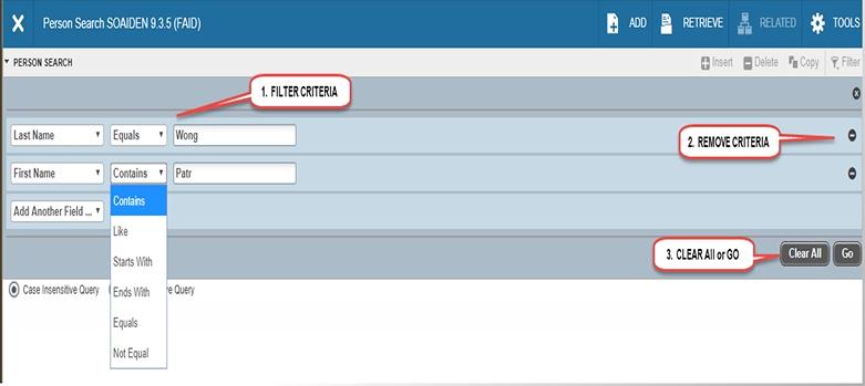 Repeat this step until all filter crieria are entered. 6. When all filter crieria are entered, click Go (F8) to display the filter results.