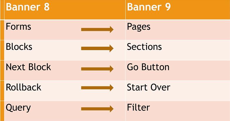 Key Terminology Changes Please be advised there are some key terminology changes between Banner 8 INB Forms and Banner 9.