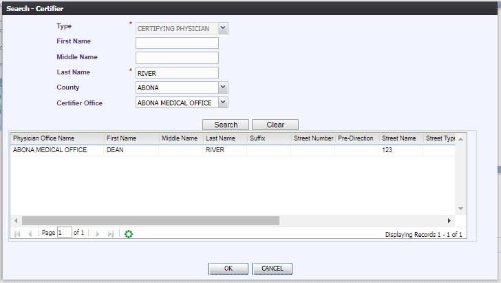 Figure 72: Certifier Search Screen 4. Enter information into all required search fields and then click OK. The search results grid will load all certifiers that match the entered search criteria.