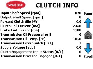 Clutch Information Clutch Information Page Twin Disc Option This page displays all information being broadcast from the J1939 Twin Disc Clutch Controller.
