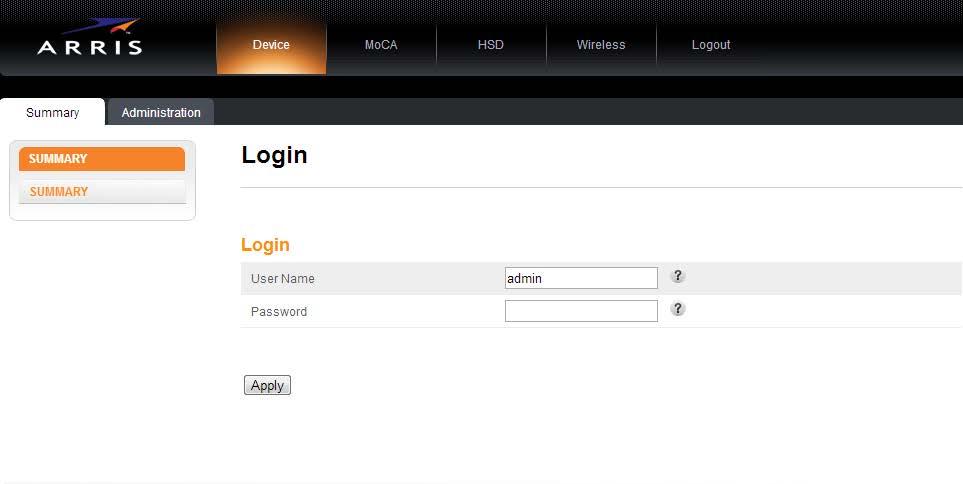 The Login screen displays. Step 3: Enter the user name and password and click the Apply button to log in.