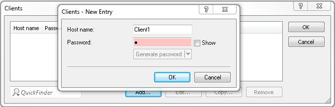 6 RADIUS To add CoA clients for dynamic authorization, click the button Clients and add a new entry to the table. Enter a host name for the client and set a password for the client to access the NAS.