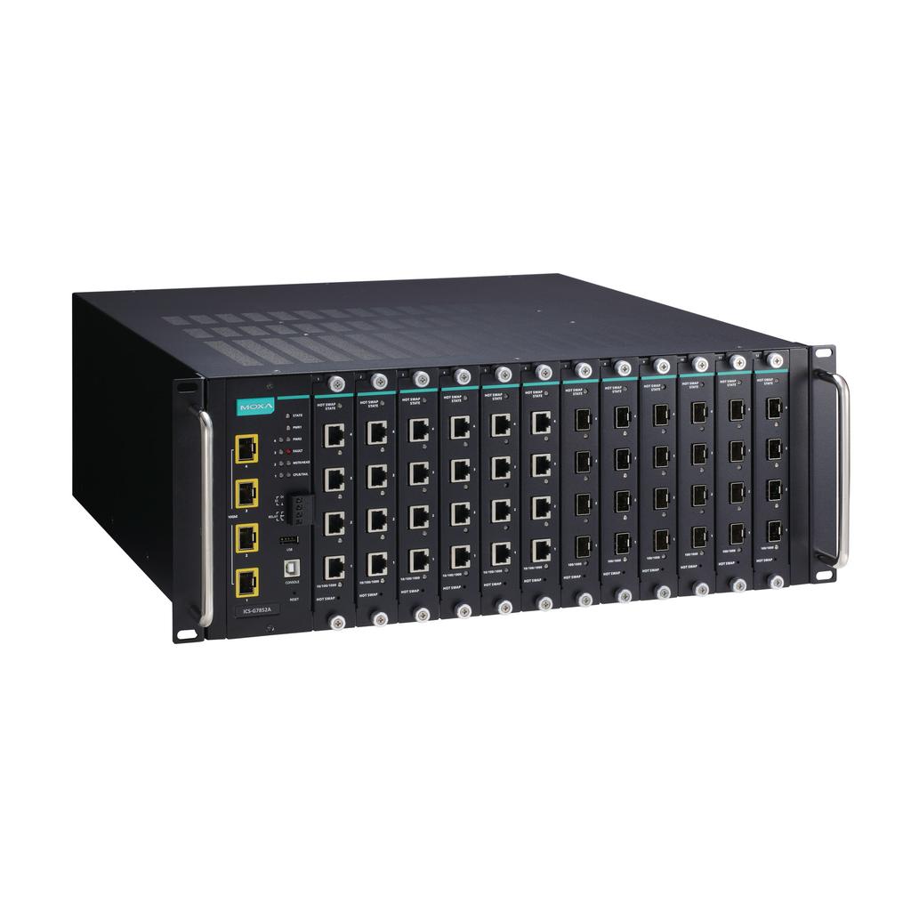 ICS-G7852A Series 48G+4 10GbE-port Layer 3 full Gigabit modular managed Ethernet switches Features and Benefits Up to 48 Gigabit Ethernet ports plus 4 10G Ethernet ports Up to 52 optical fiber