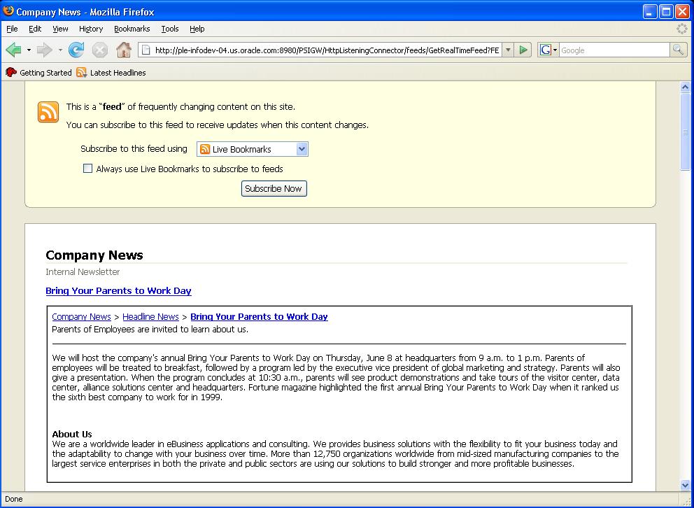 Chapter 3 Creating and Using Feeds Company News feed in browser