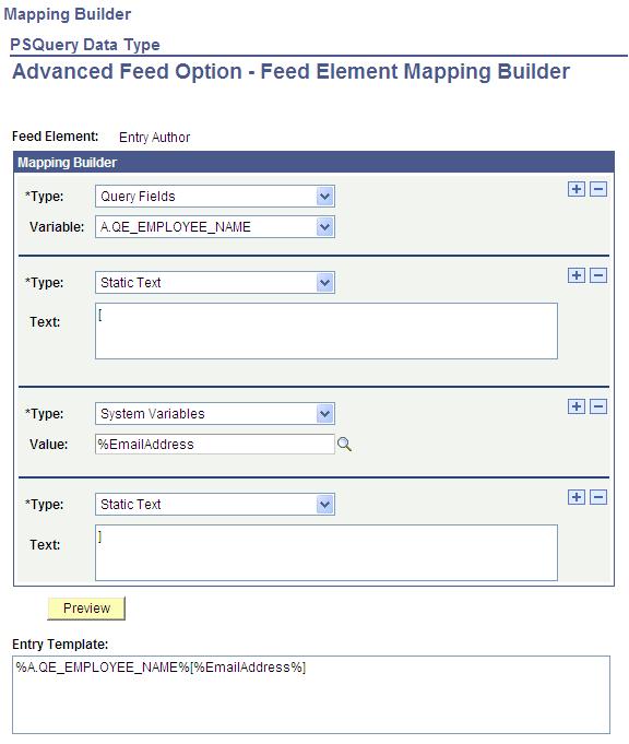 Creating and Using Query Feeds Chapter 6 Example of the Feed Element Mapping Builder page showing an assembled entry template