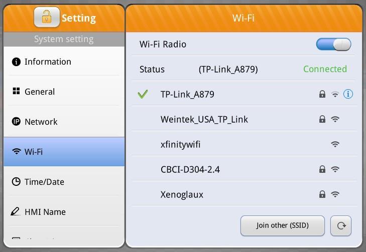Wi-Fi- Go to [Wi-Fi] tab and enable [Wi-Fi Radio]. Scroll up and down to select an access point and enter its password.
