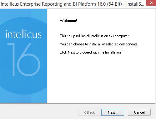 Installing Intellicus Intellicus setup for Windows is made available as setup.exe file. To start installation, you need to doubleclick setup.exe. Figure 1: Welcome screen displayed upon running setup.