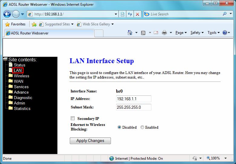 IP Address -- The IP Address which your LAN hosts use to identify the device s LAN port. Subnet Mask -- LAN Subnet mask. Apply Change -- Click to save the setting to the configuration.