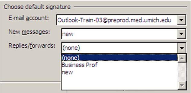 E mail Signatures Level 1/Guide H, p.3 Assigning Default Signatures (continued) To assign a default signature for new out going messages use the drop down menu to select the desired signature.