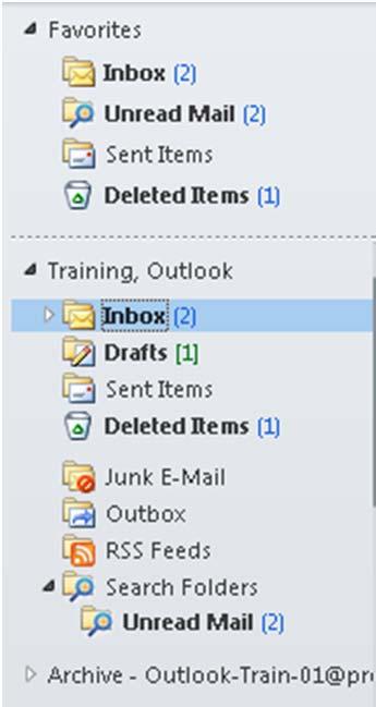 Outlook 2010 Window Anatomy Main Folders, Archive and Favorites Level 1/Guide A, p.3 The Navigation Pane displays all the folders that divide your Inbox.