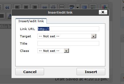 Adding links: You turn text in your story into a link to another web site by highlighting the words and pressing the button that looks like chain links. It s the button the left.