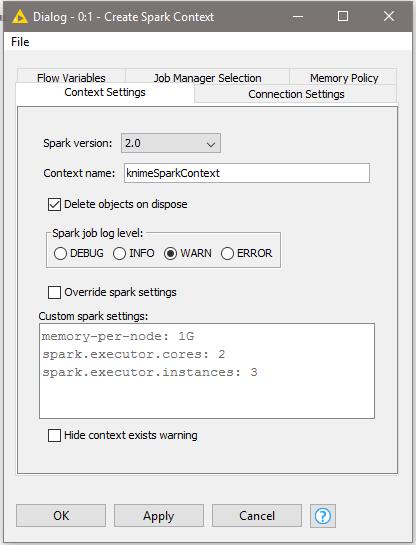Figure 1. Create Spark Context: Context Settings tab The second tab is the Connection Settings tab which allows you to specify the following connection settings: 1.