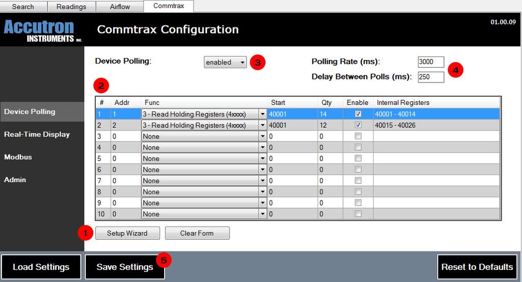Configuring the Modbus Server / Webpage 1. The Commtrax comes with pre-loaded registers for Accutron Modbus devices.