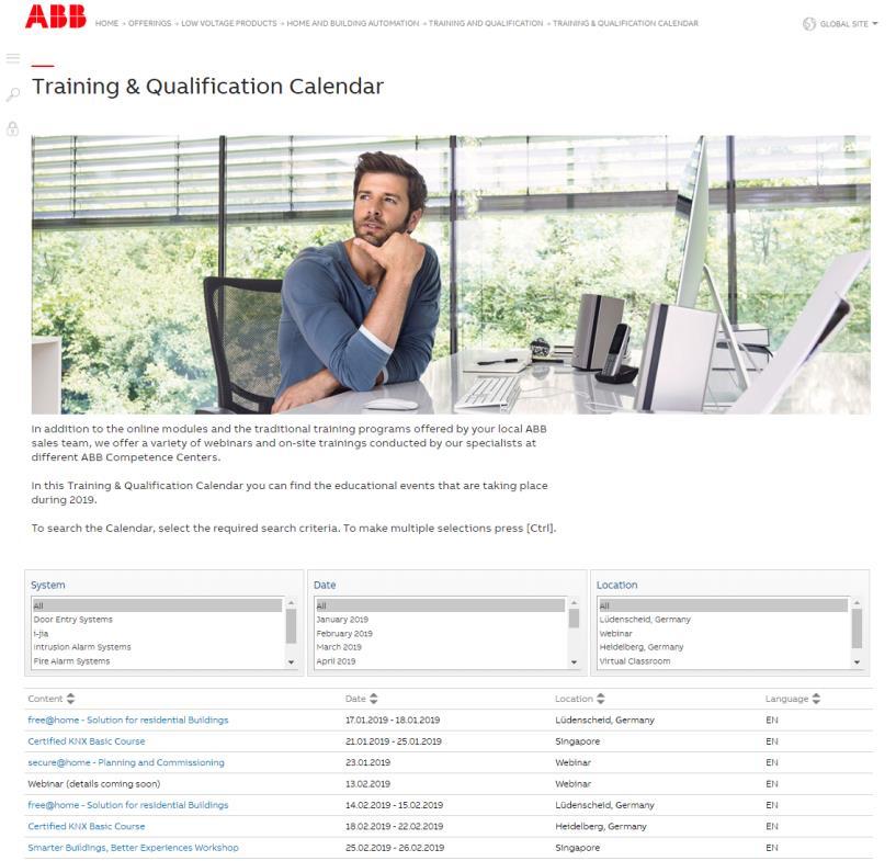 Training & Qualification Calendar 2019 In addition to the online modules and the traditional training programs offered by your local ABB sales team, we offer a variety of on-site trainings conducted