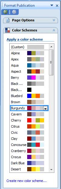 As you select the different Color Schemes, you will notice that the Brochure template on the right changes its Color Scheme to the one you selected in Apply a color scheme on the left.