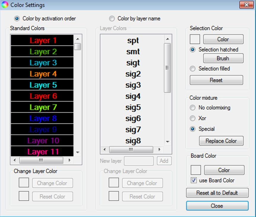 Use the color settings menu to assign colors to the different layers according to your wishes. Assigning colors to objects can be done by using the Color dialog.