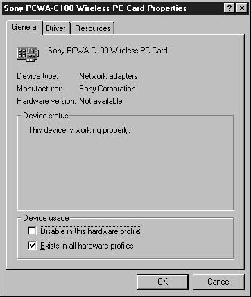 Note The Wireless LAN PC Card is not working properly in the following cases: Sony PCWA-C100 Wireless PC Card is shown with a yellow question or exclamation mark.