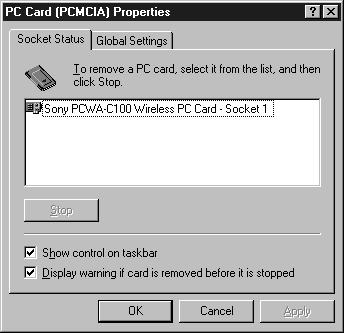 8 Double-click the PC Card (PCMCIA) icon. The PC Card (PCMCIA) Properties dialog box appears.