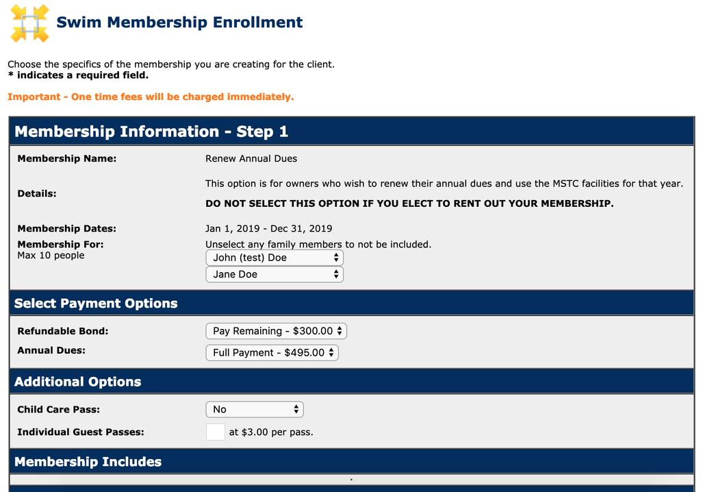Step #3 Purchase Annual Membership 1. After selecting Sign Up for the Renew Annual Dues option, the Swim Membership Enrollment screen appears. 2. Ensure all the family members are selected.