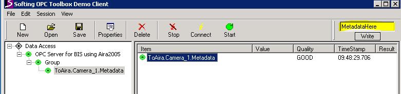 2. On the DA Items tab, select ToAira.Camera_x.Metadata (where x is the camera ID).
