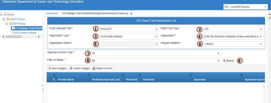Step 7. Complete the EDI Manage Grant Worksheets/Agreements/Invoice/Follow-up form. The tagged numbers on the screen shot correspond to the instruction steps below.