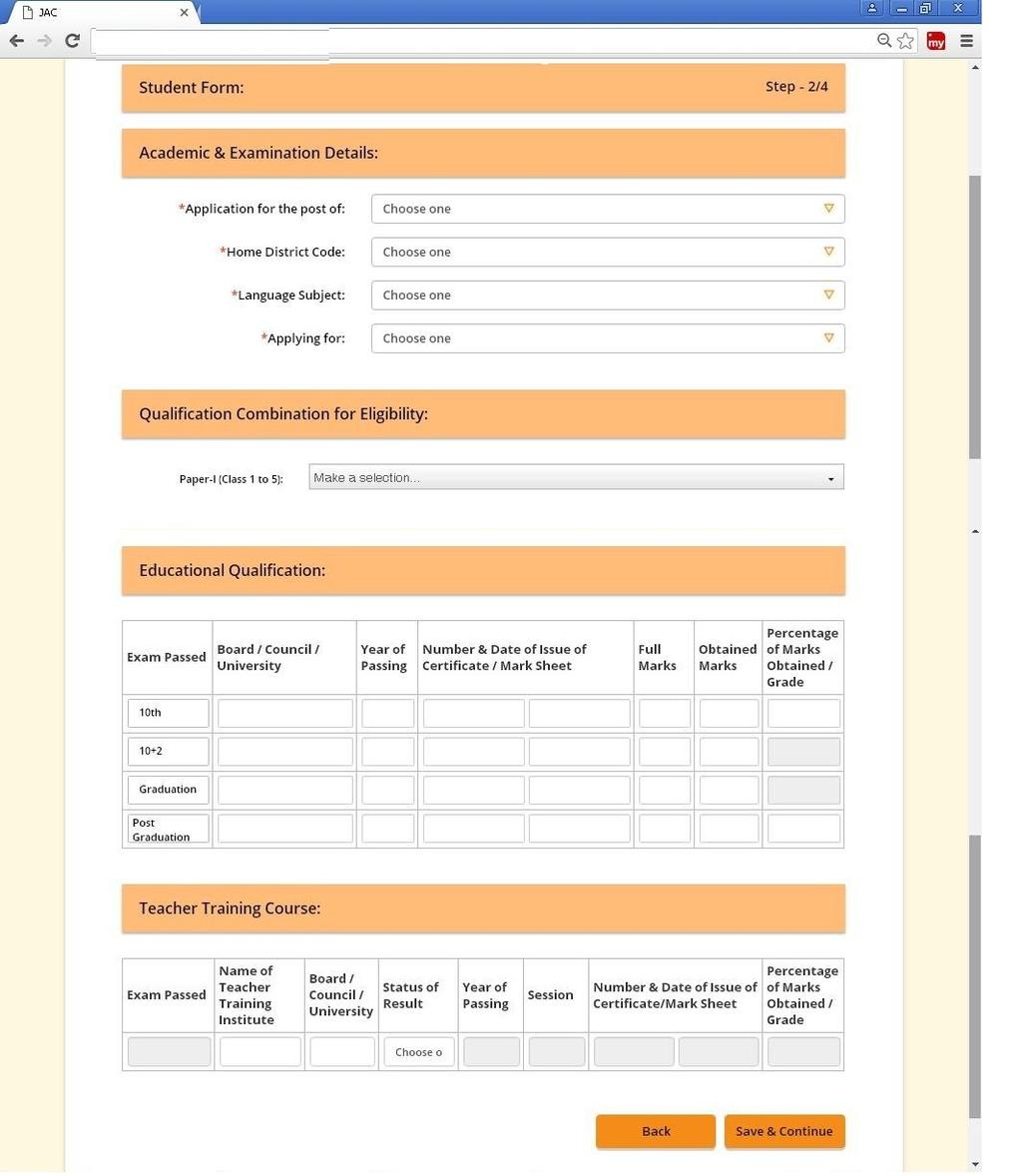 Academic Details Page (Student Form 2/4) : How to fill Academic Details : 1. Fill requisite information s in the page by entering them in the box provided (All fields in this page are mandatory). 2. In boxes having drop down tables chose one from the available list.