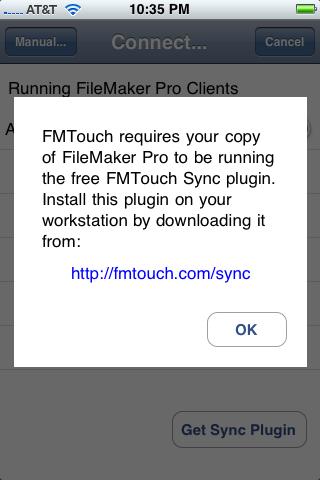 6 In order to see the FileMaker Pro computers that you can initialize the database with you must get the FMTouch FileMaker Pro sync plug-in.