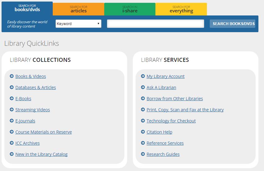 From the homepage of ICC Library website locate the
