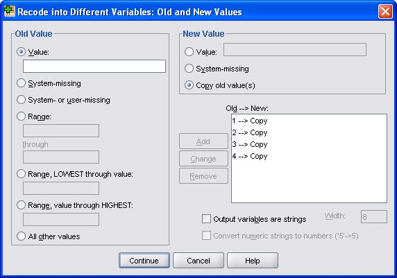 Once all values to be recoded have been ADDED and appear in the Old --> New: box, click the continue button. 14. Doing so will return you to the Recode into Different Variables window.