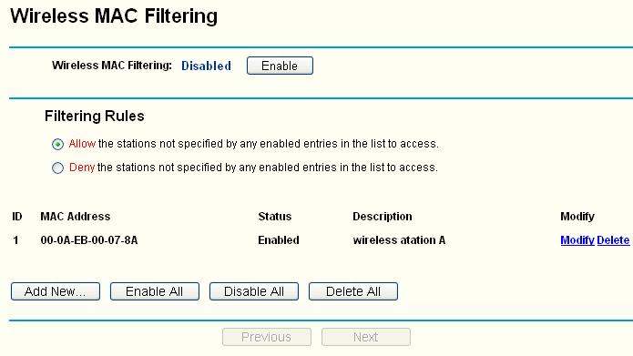 Figure 4-20 Wireless MAC address Filtering To filter wireless users by MAC Address, click Enable. The default setting is Disable.