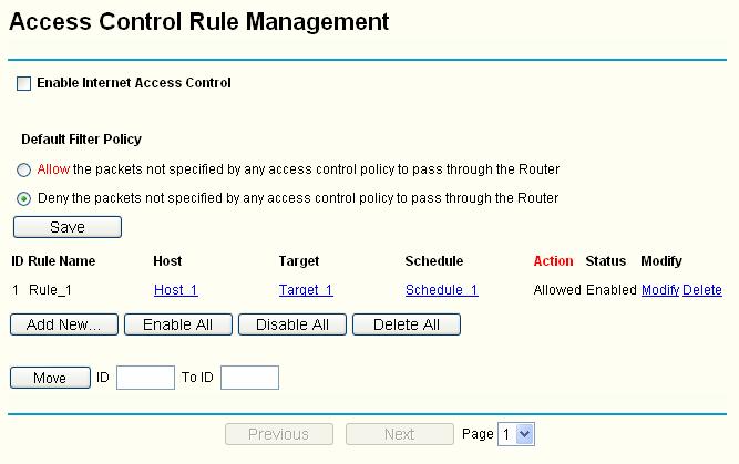Figure 4-45 Access Control Rule Management Enable Internet Access Control - Select the check box to enable the Internet Access Control function, so the Default Filter Policy can take effect.