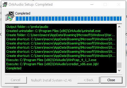 5. To complete the installation, click Close when this windows appears 6. Save the OrkAudio license file that was provided by OrecX (e.g.