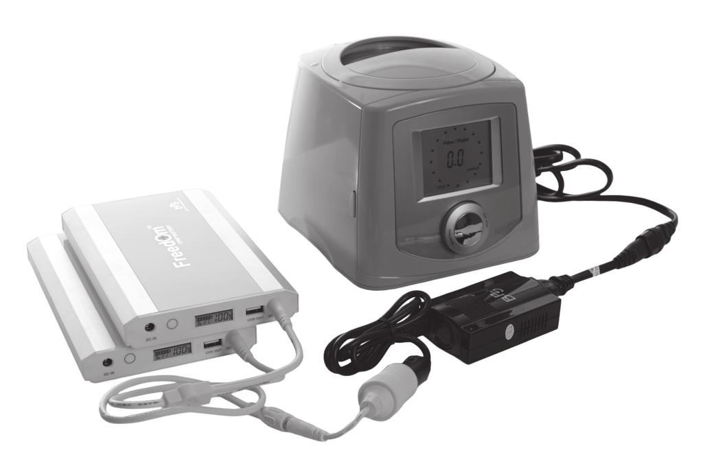 Other PAP Devices & Travel CPAP Models DUAL BATTERY CONNECTION *Dual ba ery connec on will require an addi onal Freedom ba ery. Plug the DC power pigtail cord into the DC OUT jacks of the ba eries.
