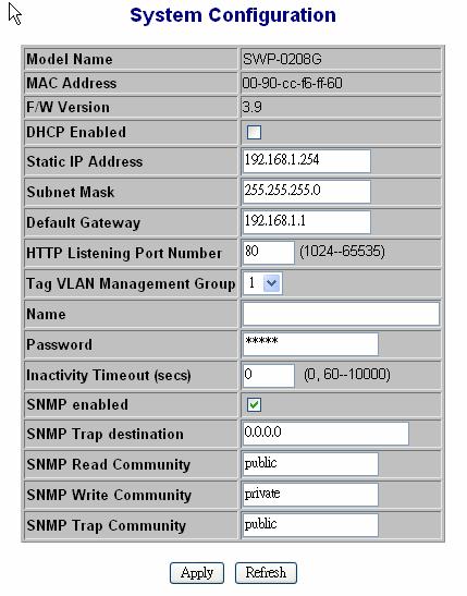 2.1 Configurations 2.1.1.1 System information The system diagram shows general common system information, they are H/W, F/W version, MAC address, IP address, subnet mask, IP gateway, default VLAN