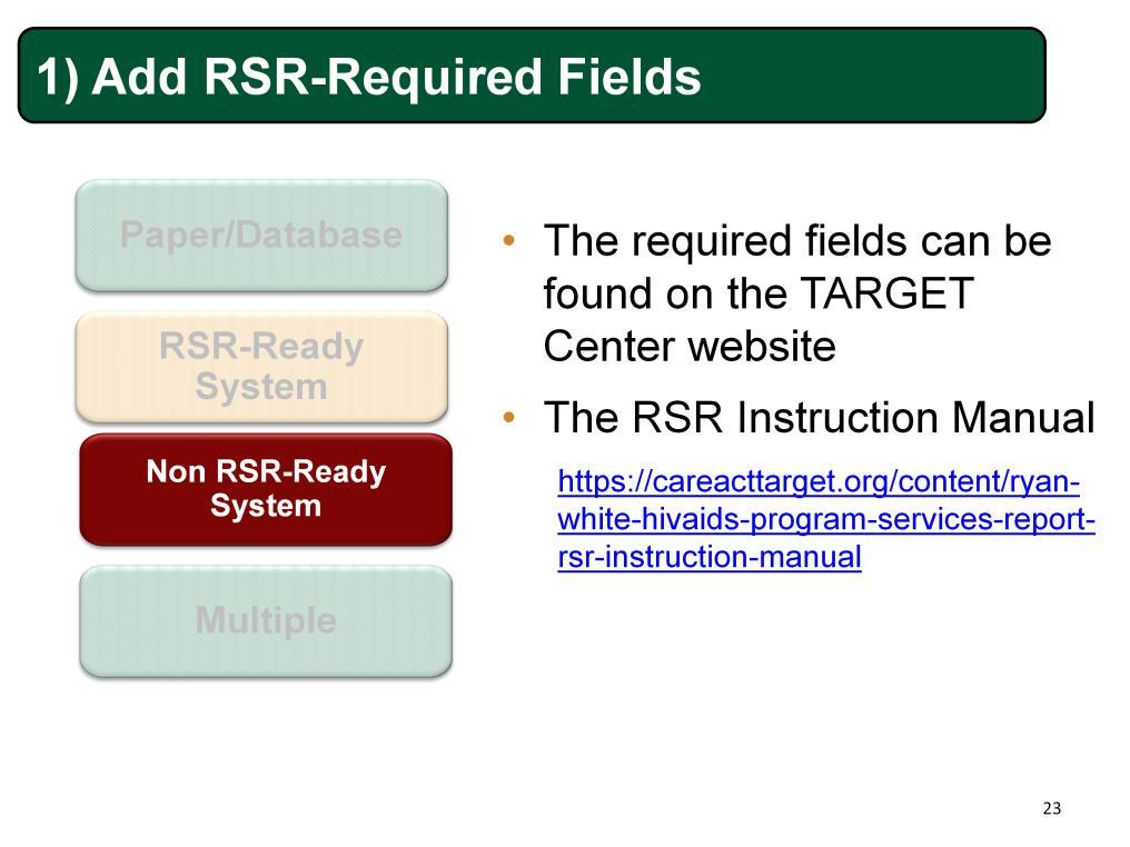 In step one, you have to make sure your system can capture all the data elements required by the RSR report.