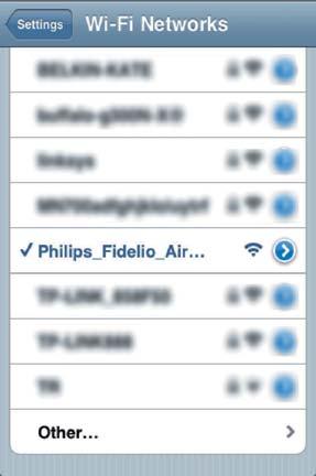 2 Select Philips Fidelio AirPlay from the list of available networks.