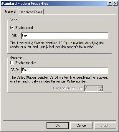 Configuring Fax Support 185 7. The fax device Properties dialog box appears, as shown in Figure 4.49. In this dialog box, you can configure Send and Receive properties.