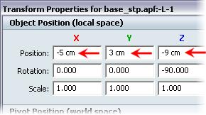 In the Transform Properties dialog box, Position X, Y, Z fields, enter -5 cm, 3 cm, -9 cm respectively. Click Close.