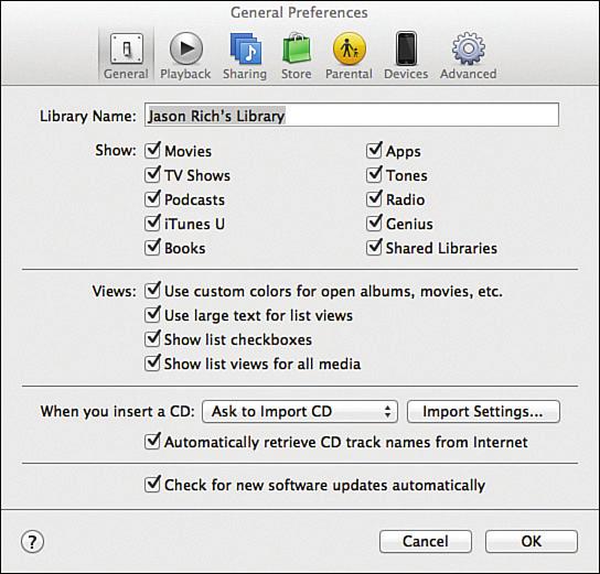 4 i PAD AND i PHONE TIPS AND TRICKS FIGURE B.2 Select to display Movies, TV Shows, Podcasts, itunes U, Books, Apps, Tones, Radio, Genius and/or Shared Libraries on the itunes 11 Library screen.
