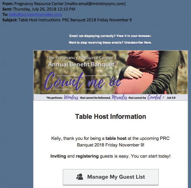 User s Guide: Online Guest Registration, Manage My Guest List Table Host Instructions Email After you commit to hosting a table for the PRC s Banquet, you will receive an email that will