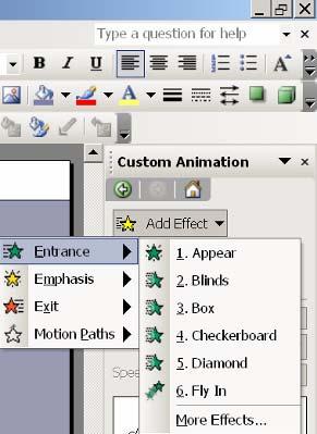 Adding WELCOME Animation Effects You can add animation effects to one or more items/objects on a slide or to the slide as a whole. These effects can be same or different for each object. 1.