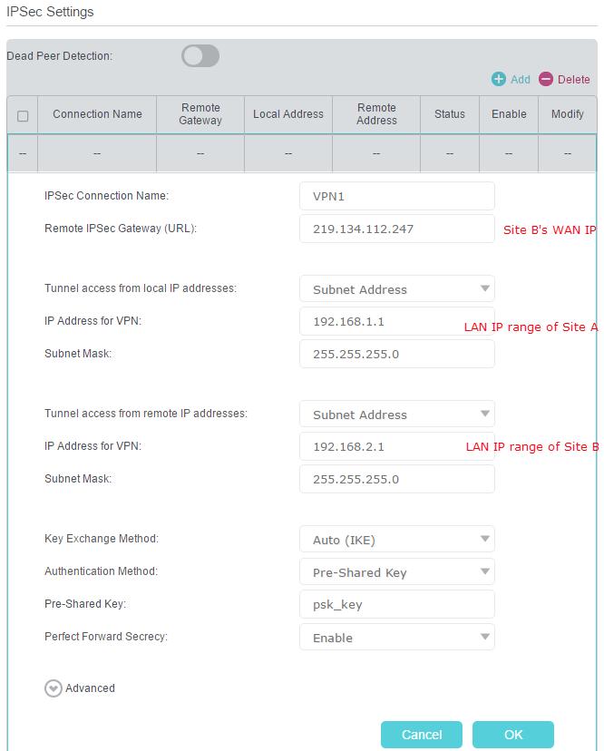 Chapter 11 Specify Your Network Settings 3 ) In the IPSec Connection Name column, specify a name. 4 ) In the Remote IPSec Gateway (URL) column, Enter Site B s WAN IP address.